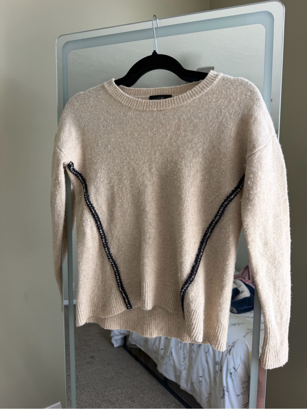 J. Crew Beige Crewneck Sweater with Black Trim Detail